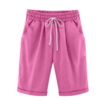 Damen-Shorts aus Baumwoll-Leinen-Mischgewebe, einfarbig, 5 Taschen, Pink, Größe 3XL