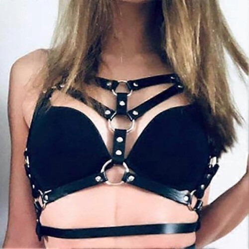 Punk leather chest chain black women's harness belt 2