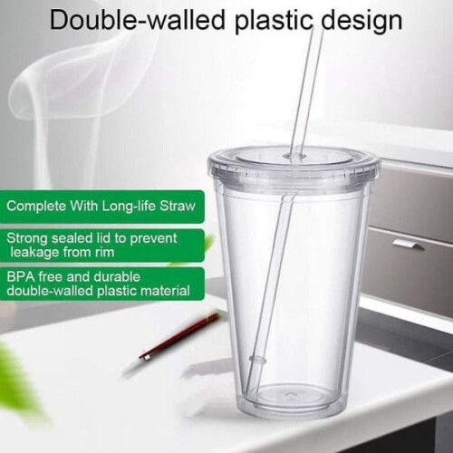 Double-walled plastic coffee cup with lid and straw 500 ml 1
