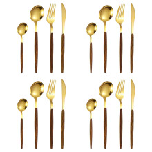 Stainless Steel Flatware Set Wood Handle Matte Gold 16-Piece