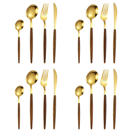 Stainless Steel Flatware Set Wood Handle Matte Gold 16-Piece
