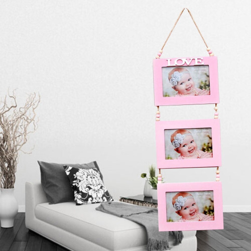 Pink Wood Triple Photo Frame Wall Hanging Set
