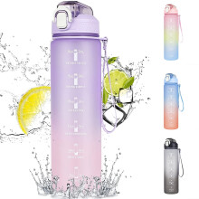 Garrafa de água motivacional azul, 1 litro, Tritan livre de BPA, com canudo.
