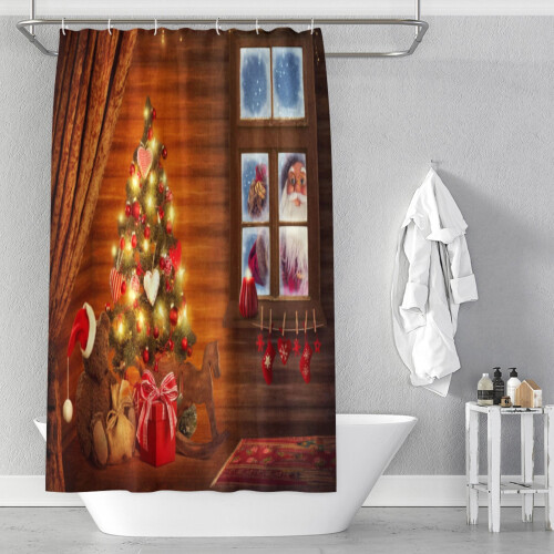 Set de decorațiuni pentru baie cu perdea de duș de Crăciun și cârlige