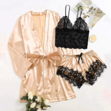 Beige Damen-Pyjama in Übergröße, Polyester-Satin, 1 Set