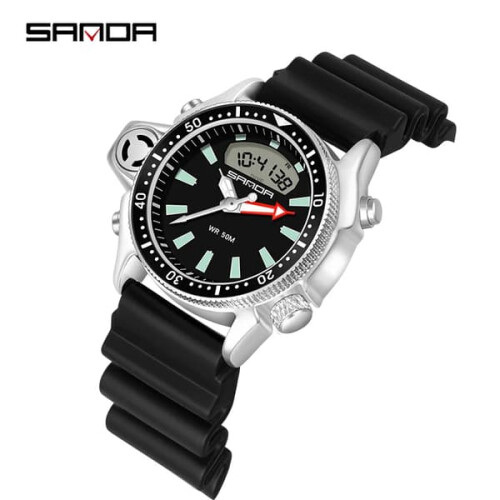 SANDA Men's Quartz Digital Dive Watch Black Orange 1