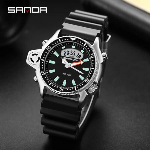 SANDA Men's Quartz Digital Dive Watch Black Orange 2