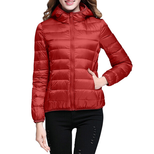 Dames donsjack lichtgewicht winterjas met capuchon rood M