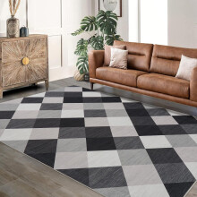 Plaid Runner Rug Machine Washable 4x6 ft Black White