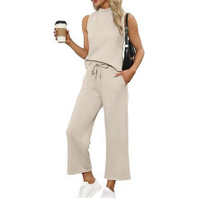 Women's Summer Two-Piece Set Beige Mock Neck Top and