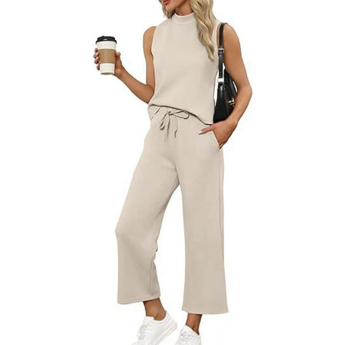 Women's Summer Two-Piece Set Beige Mock Neck Top and