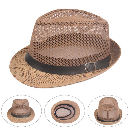Men's Fedora Hat Grey Wide Brim Mesh Summer Sun Hat 2