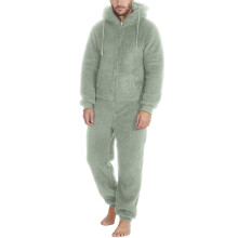 Heren fleece jumpsuit met capuchon, één stuk met ritssluiting, winterpyjama