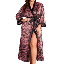 Women's leopard print long sleeve open front bathrobe plus