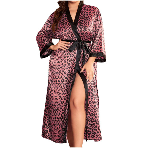 Women's leopard print long sleeve open front bathrobe plus