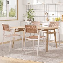 4Pcs PP Plastic Dining Chairs with Armrest Faux Rattan Woven Seat Back Stackable Indoor Outdoor Side Chairs, White Frame