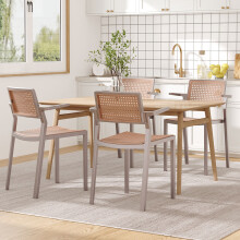 4Pcs PP Plastic Dining Chairs with Armrest Faux Rattan Woven Seat Back Stackable Indoor Outdoor Side Chairs, Grey Frame