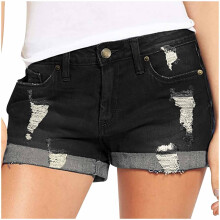 Damshorts med hög midja, svarta stretchiga, fransade fållar