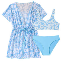 Conjunto de bikini de verano para niñas con pareo tipo kimono (3 piezas)