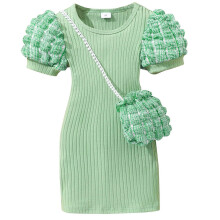 Grünes Strickkleid-Set mit Puffärmeln für Kinder, inklusive Tasche