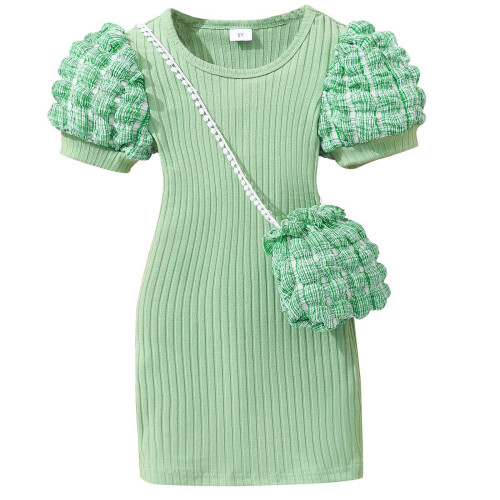 Grünes Strickkleid-Set mit Puffärmeln für Kinder, inklusive Tasche