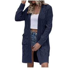 Cardigã longo de tricô feminino para o inverno, cor azul marinho.