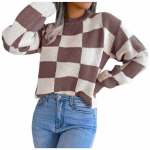 Damen-Strickpullover mit kariertem Weihnachtsmotiv, langärmelig