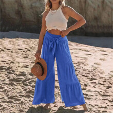 Sommerliche Palazzo-Hose für Damen aus Baumwoll-Leinen, hochgeschnitten, blau