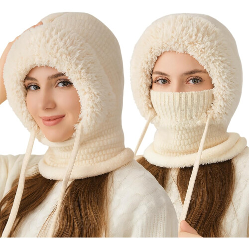 Conjunto feminino 3 em 1: gorro, cachecol e máscara com forro de lã