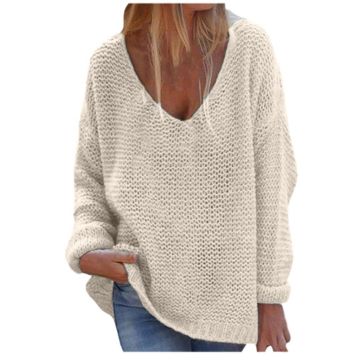 Damen-Winterstrickpullover mit V-Ausschnitt, Beige