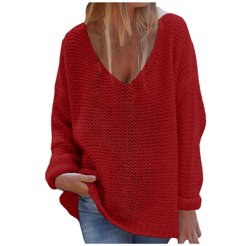 Damen-Winterstrickpullover mit V-Ausschnitt, einfarbig rot