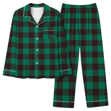 Grønt ternet pyjamassæt med V-hals og lange ærmer til kvinder, 2XL