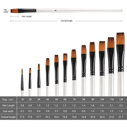 Acrylic Painting Brushes Set Flat Tip Nylon 12pcs 2
