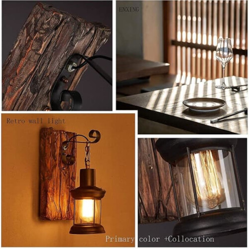 Retro Wood Wall Lamp E27 Socket with Glass Shade 2
