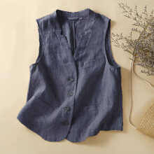 Chaleco de mujer de algodón y lino, sin mangas, con cuello en V, color azul marino, talla XL.