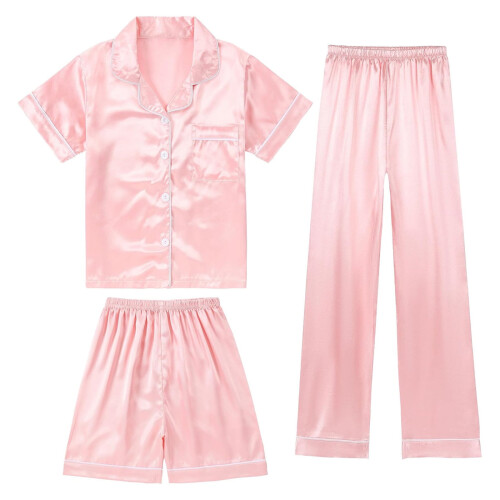 Mädchen-Pyjama-Set aus Seidensatin, kurzärmelig, leicht