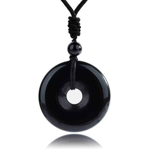 Collier pendentif donut en cristal d'obsidienne noire ajustable