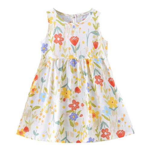 Mädchen Baumwoll-Tankkleid mit Blumenmuster, sommerbeige