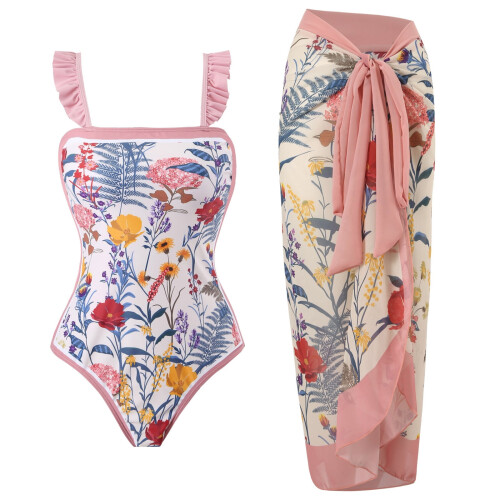 Dame bandeau badedragt med sarong, lyserød