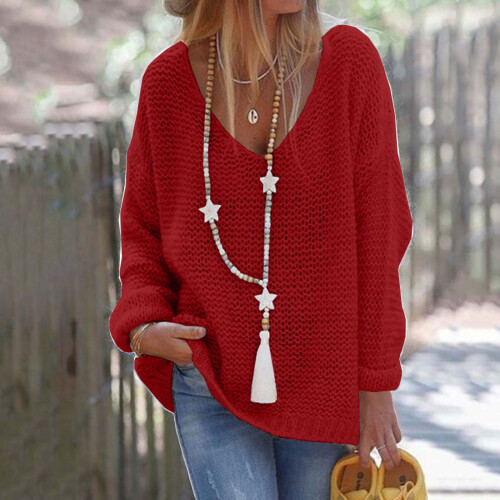 Damen-Winterstrickpullover mit V-Ausschnitt, einfarbig rot 1