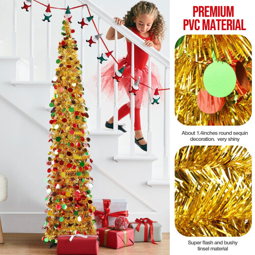 Gold Pop Up Christmas Tree 5ft Artificial Pencil Tinsel 1
