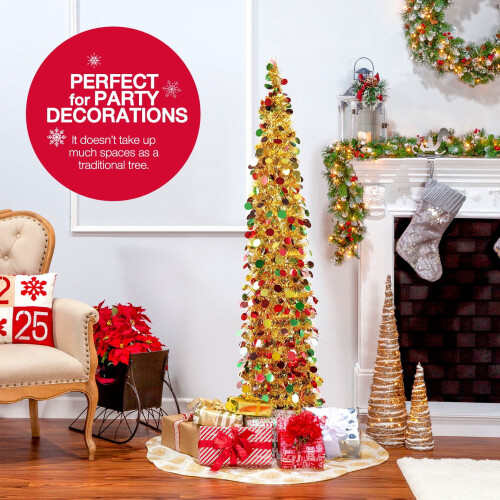 Gold Pop Up Christmas Tree 5ft Artificial Pencil Tinsel 2