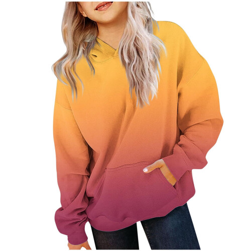 Moletom feminino com capuz, manga comprida e bolsos em degradê. 1