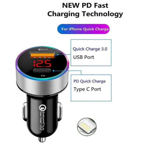 Car Charger QC3.0 PD Dual USB LED Display Silver 1