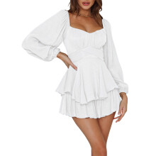 (M, White) Womens Loose Shorts Jumpsuit, Solid Color Lantern Long Sleeve Square Neck Ruched Ruffled Playsuit