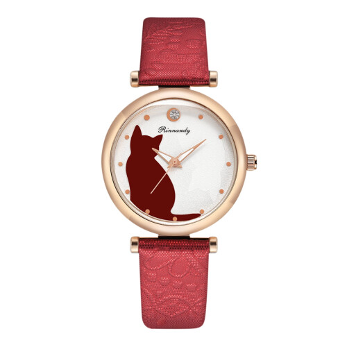 Cat Pattern Analog Quartz Watch Leather Band Women