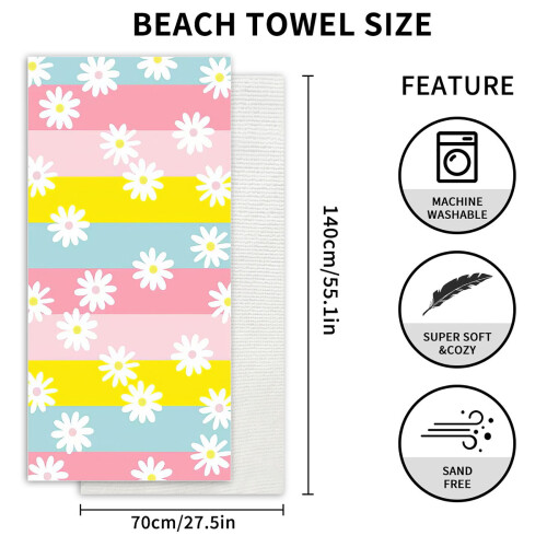 Beach Towel Microfiber Lightweight White Floral Print 2