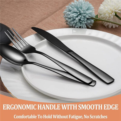 20 Pcs Black Silverware Set, Flatware Set for 5, Square Cutlery Set, Mirror Polished Tableware Eating Utensils Set 2