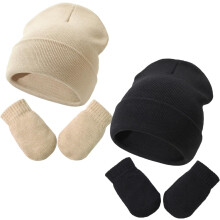 Baby knit beanie and gloves set beige black 2 pcs