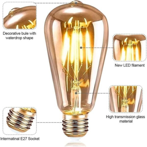 Λαμπτήρας LED E27ST64 4W2200K θερμό λευκό, συσκευασία των 6 1